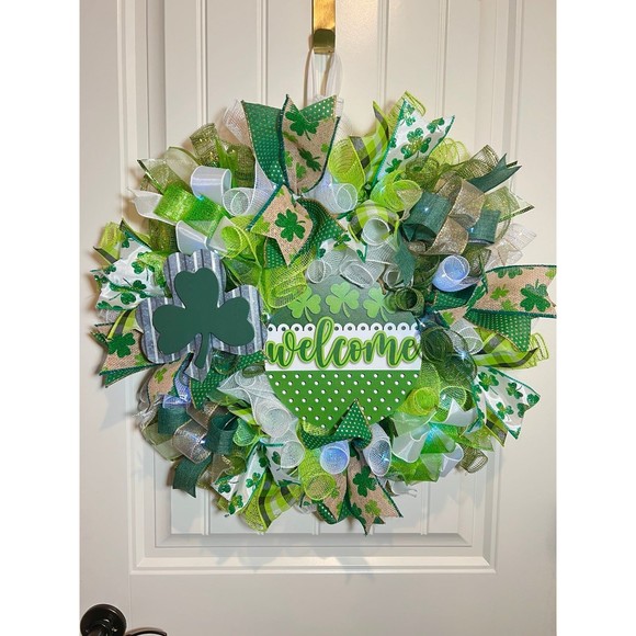 Handmade St. Patrick’s Welcome Ribbon Prelit Wreath 22 ins LED W6 - Picture 9 of 9